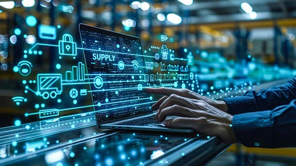 Person using laptop with digital supply chain graphics in a warehouse setting.